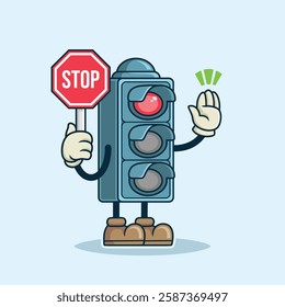 Traffic light mascot displaying a bold red light, representing the signal to stop. Ideal for children's learning books, educational materials, or other creative designs focused on traffic awareness.