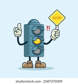 Traffic light mascot with a glowing yellow light, reminding everyone to slow down and be careful. Suitable for children's learning books, educational materials, or other creative designs.