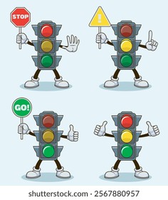 traffic light mascot holding road sign. stop slow and go warning. vector character illustration transportation	