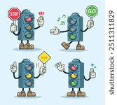 Traffic light mascot illustration featuring red, yellow, and green poses. Perfect for children