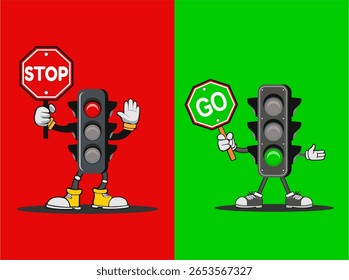 Ilustração do mascote do semáforo com poses vermelhas e verdes. 