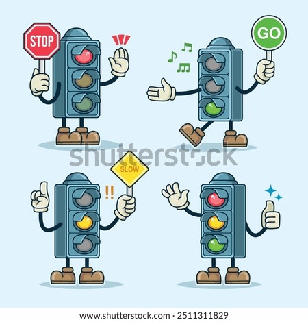 Traffic light mascot illustration featuring red, yellow, and green poses. Perfect for children's learning books, educational materials, or other creative designs.