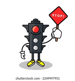 Traffic light mascot with a red light that says stop