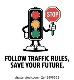 Traffic Light Mascot with STOP Sign and Safety Message Vector – Road Rules Awareness Poster