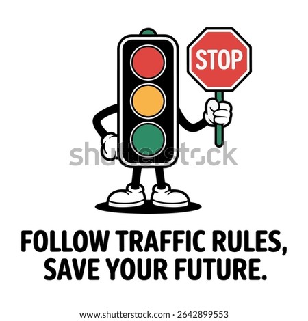 Traffic Light Mascot with STOP Sign and Safety Message Vector – Road Rules Awareness Poster