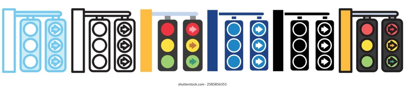 Traffic Light multi style, mini illustration icon. outline, flat, glyph, line color, UI, UX kit, app, web development, digital or print. For education, construction, transportation, traffic management