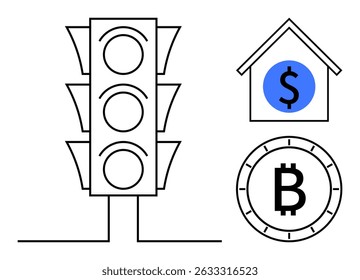 Traffic light next to house with dollar sign and Bitcoin coin. Ideal for finance, investment, cryptocurrency, real estate, financial regulation, decision-making, and market trends. Line metaphor