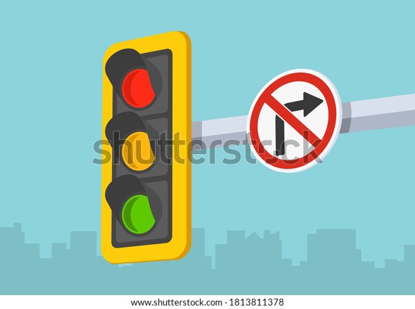 Traffic light and no right\
turn road sign. Perspective close-up view. Flat vector illustration\
template.