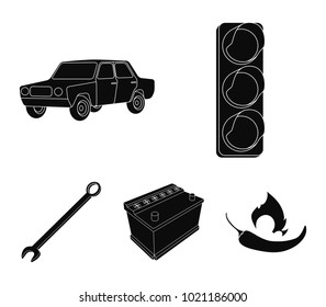 Traffic light, old car, battery, wrench, Car set collection icons in black style vector symbol stock illustration web.