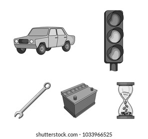 Traffic light, old car, battery, wrench, Car set collection icons in monochrome style vector symbol stock illustration web.