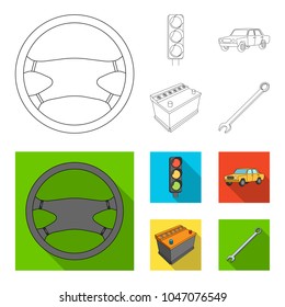Traffic light, old car, battery, wrench, Car set collection icons in outline,flat style vector symbol stock illustration web.
