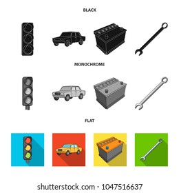 Traffic light, old car, battery, wrench, Car set collection icons in black, flat, monochrome style vector symbol stock illustration web.