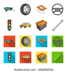 Traffic light, old car, battery, wrench, Car set collection icons in cartoon,flat style vector symbol stock illustration web.
