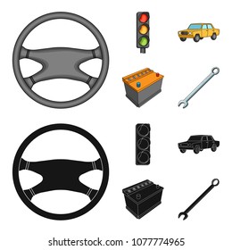 Traffic light, old car, battery, wrench, Car set collection icons in cartoon,black style vector symbol stock illustration web.