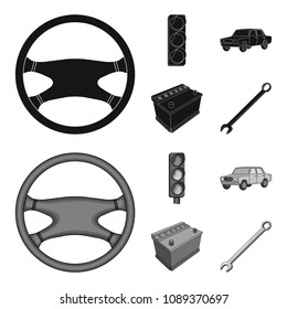 Traffic light, old car, battery, wrench, Car set collection icons in black,monochrom style vector symbol stock illustration web.