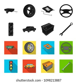 Traffic light, old car, battery, wrench, Car set collection icons in black,flet style vector symbol stock illustration web.