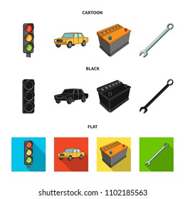 Traffic light, old car, battery, wrench, Car set collection icons in cartoon,black,flat style vector symbol stock illustration web.