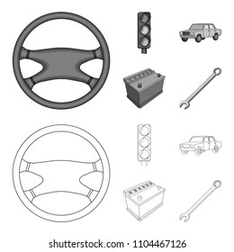 Traffic light, old car, battery, wrench, Car set collection icons in outline,monochrome style vector symbol stock illustration web.