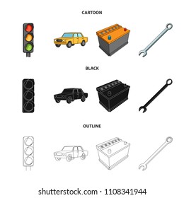 Traffic light, old car, battery, wrench, Car set collection icons in cartoon,black,outline style vector symbol stock illustration web.