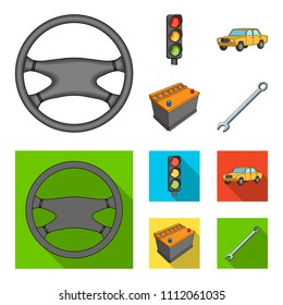 Traffic light, old car, battery, wrench, Car set collection icons in cartoon,flat style vector symbol stock illustration web.