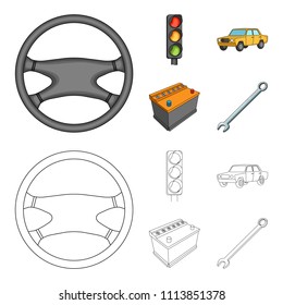 Traffic light, old car, battery, wrench, Car set collection icons in cartoon,outline style vector symbol stock illustration web.