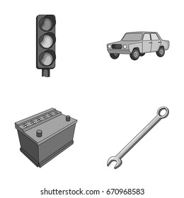 Traffic light, old car, battery, wrench, Car set collection icons in monochrome style vector symbol stock illustration web.