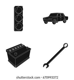 Traffic light, old car, battery, wrench, Car set collection icons in black style vector symbol stock illustration web.