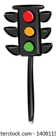 Traffic light on a black pole with all three colors, vector, color drawing or illustration. 