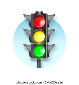 traffic light on a blue round.  Burning green, red and green color.