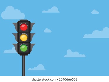 Traffic light on blue sky with clouds vector illustration with text space.