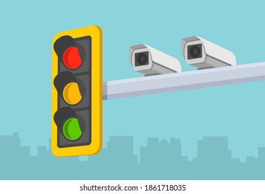 Traffic light and outdoor traffic enforcement cameras. Perspective close-up view. Flat vector illustration template.