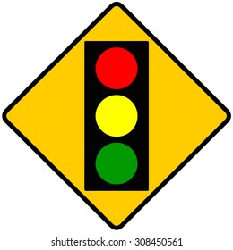 traffic light over yellow sign on white background