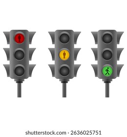 Semáforo con las señales peatonales rojas, amarillas, luces verdes para el paso de peatones. Ilustración vectorial