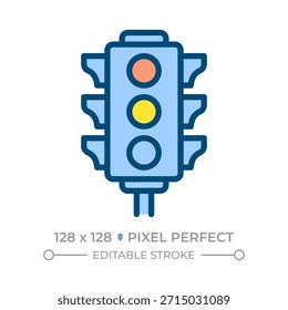 Icono de color de línea perfecta de píxeles de semáforo. Dispositivo de señalización automatizado. Asistencia de conducción segura. Infraestructura vial. Ilustración vectorial aislada. Diseño de símbolo colorido plano. Trazo editable