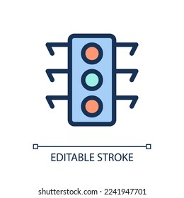 Icono RGB de color perfecto para píxel de luz de tráfico. Cruzando la intersección. Elemento de línea simple rellenado. GUI, diseño UX para aplicación móvil. Pictograma aislado del vector. Trazo editable. Tipo de letra arial utilizado