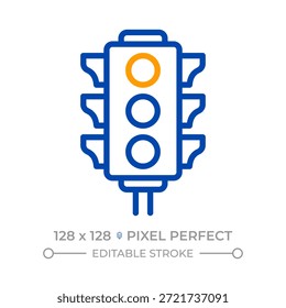 Pixel de semáforo perfecto icono de línea de dos colores. Dispositivo de señalización automatizado. Conducción segura. Símbolo de contorno bicolor de infraestructura vial. Pictograma lineal duotono. Ilustración aislada. Trazo editable