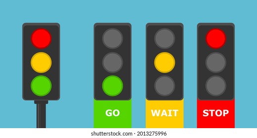 Traffic light pole rules street with green yellow and red light on road on blue background flat icon vector.