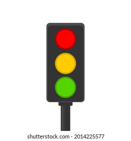 Traffic light pole rules street with green yellow and red light on road on white background flat icon vector.