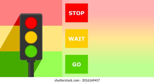 Traffic light pole rules street with green yellow and red light on road banner with copy space for text flat icon vector.