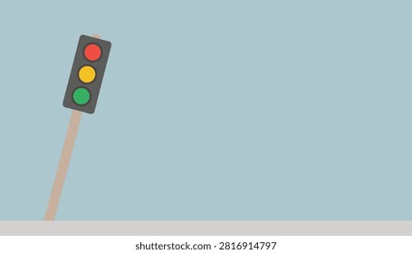 Traffic light post leaning sideways with red yellow and green lights illuminated on simple blue background.