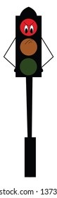 A traffic light post with three signals of red yellow and green in which the red light has two eyes two hands is angry about the traffic not being cleared vector color drawing or illustration 