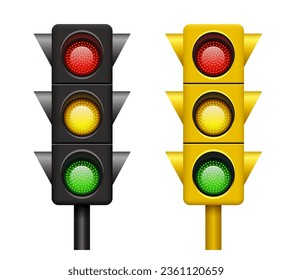 Luz de tráfico. Luz de tráfico 3D realista. Luces de tráfico negros y amarillos. Vector clipart.