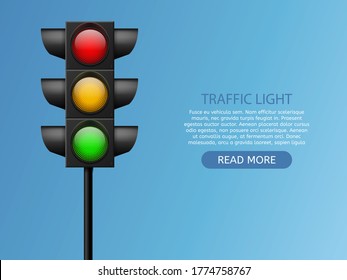 Traffic light. Realistic led lights red, yellow and green, crosswalk and road safety, control accidents, signals street regulation system vector set isolated on white background with copy space