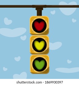 traffic light with red, green, yellow color in the shape of a heart on a background of blue sky and clouds
