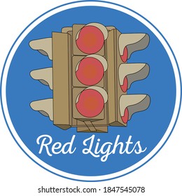 A traffic light with red lights and the name written on a red circled background