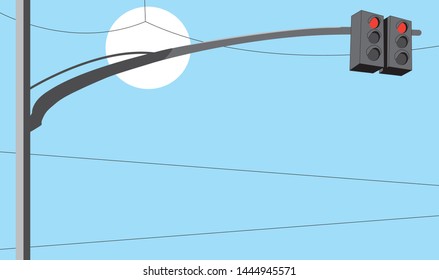 traffic light red, vector illustration, sunny day, blue sky, city wires, sun