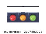 Traffic light with red, yellow, green signals. Horizontal stoplight with stopping, warning and allowing led lamps on. Street electric semaphore. Flat vector illustration isolated on white background