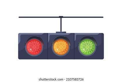 Traffic light with red, yellow, green signals. Horizontal stoplight with stopping, warning and allowing led lamps on. Street electric semaphore. Flat vector illustration isolated on white background