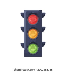 Traffic light with red, yellow, green signals. Stoplight with all led lamps on. Semaphore and electric stop, warn and allow regulation signs. Flat vector illustration isolated on white background