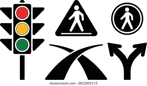A traffic light with red, yellow, and green colors alongside pedestrian crossing signs and directional arrows. These symbols are used for urban road safety and public navigation signage.